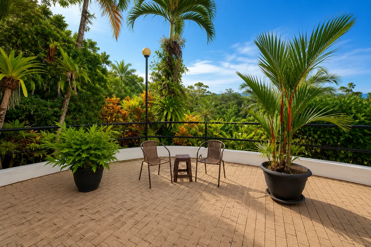 A quiet upper terrace nook with two chairs and potted palms overlooking the surrounding jungle