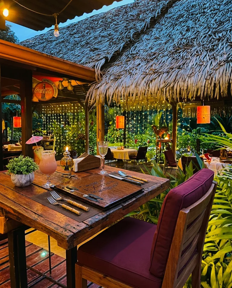 Candlelit table set for dinner under Exotica restaurant's thatched roof in Ojochal