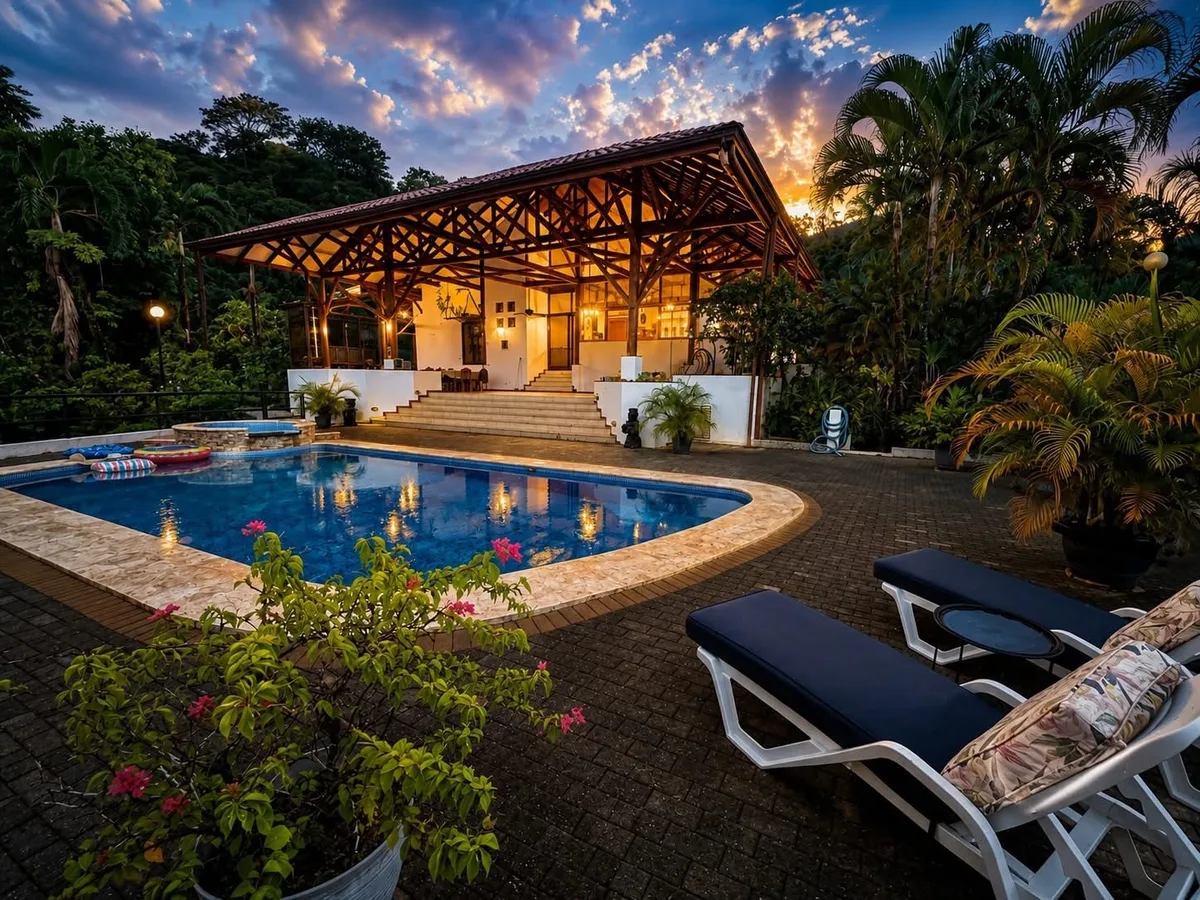 Casa Cascada’s pool and illuminated covered terrace at dusk with a colorful sky overhead