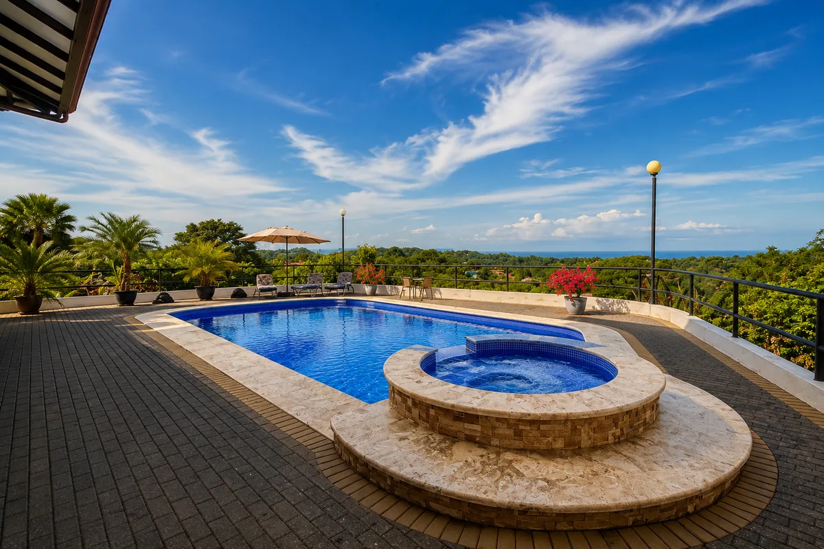 Aerial view of Casa Cascada’s pool, jacuzzi and covered terrace surrounded by jungle with the Pacific Ocean on the horizon