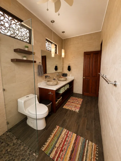 En-suite bathroom with double vessel sinks, a glass-enclosed shower, and warm tile finishes