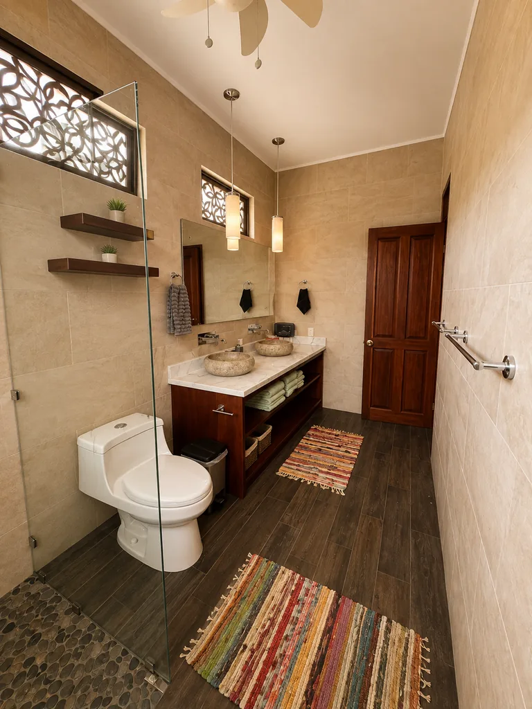 Wide view of the en-suite bathroom showing the walk-in shower, vanity and decorative window screens