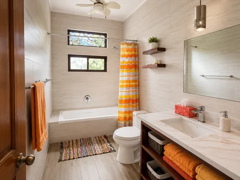 Bathroom with a soaking tub, marble vanity, and orange striped shower curtain