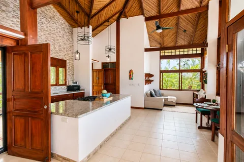Open kitchen with island, view through to the covered living and dining area