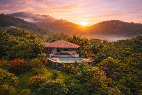 Aerial view of Casa Cascada at sunrise with mist settling over the surrounding jungle valley