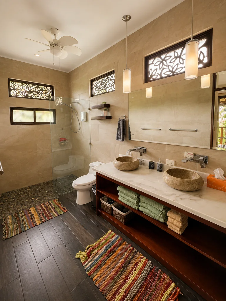 Primary bathroom at Casa Cascada with double vessel sinks and a walk-in glass shower