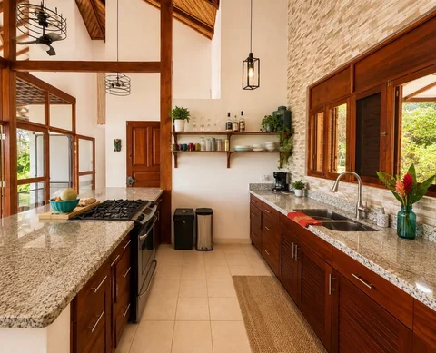 Spacious kitchen at Casa Cascada with granite island and tropical wood cabinetry